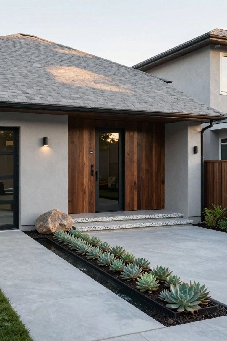 Modern house facade with gray shingle roof, light gray stucco walls, dark vertical wood slats framing a glass-fronted wood entry door, black-framed side window, concrete steps with pebble accents, and a long linear planter of agave succulents beside the concrete walkway.