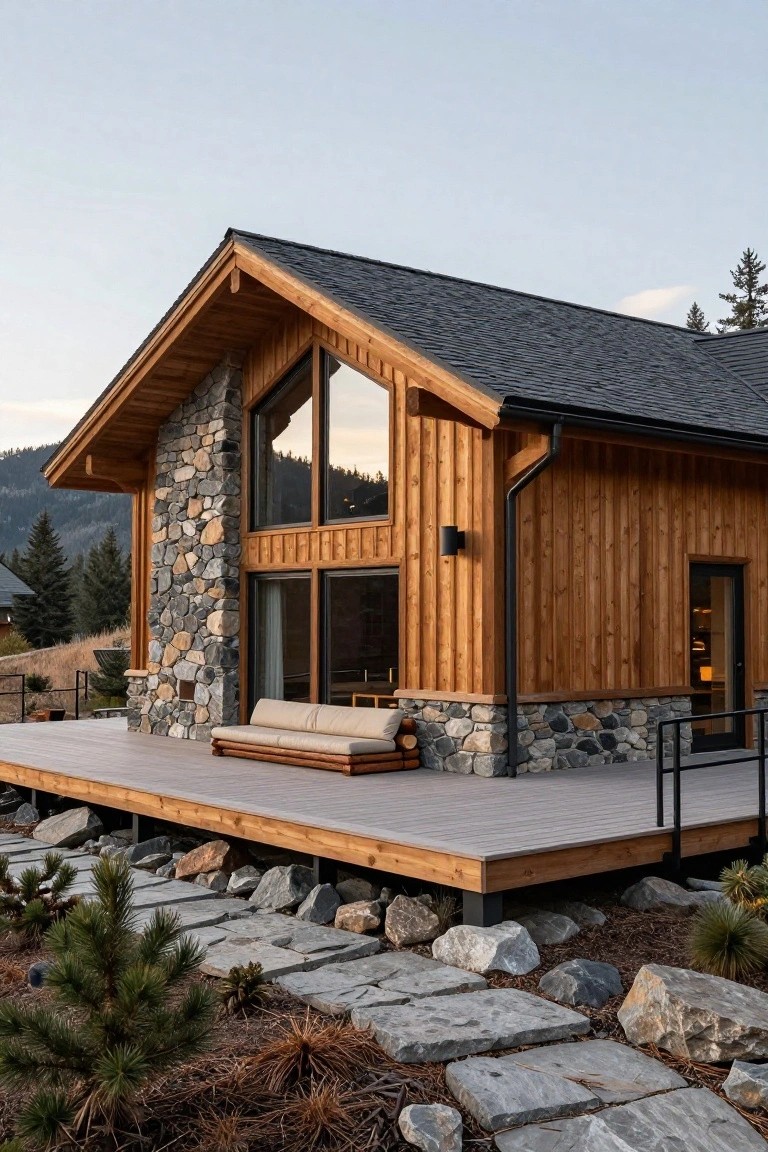 Wooden house with vertical siding, stacked stone base and chimney, large windows, gray shingle roof, wooden deck with daybed, surrounded by rocks, pines, and mountains.