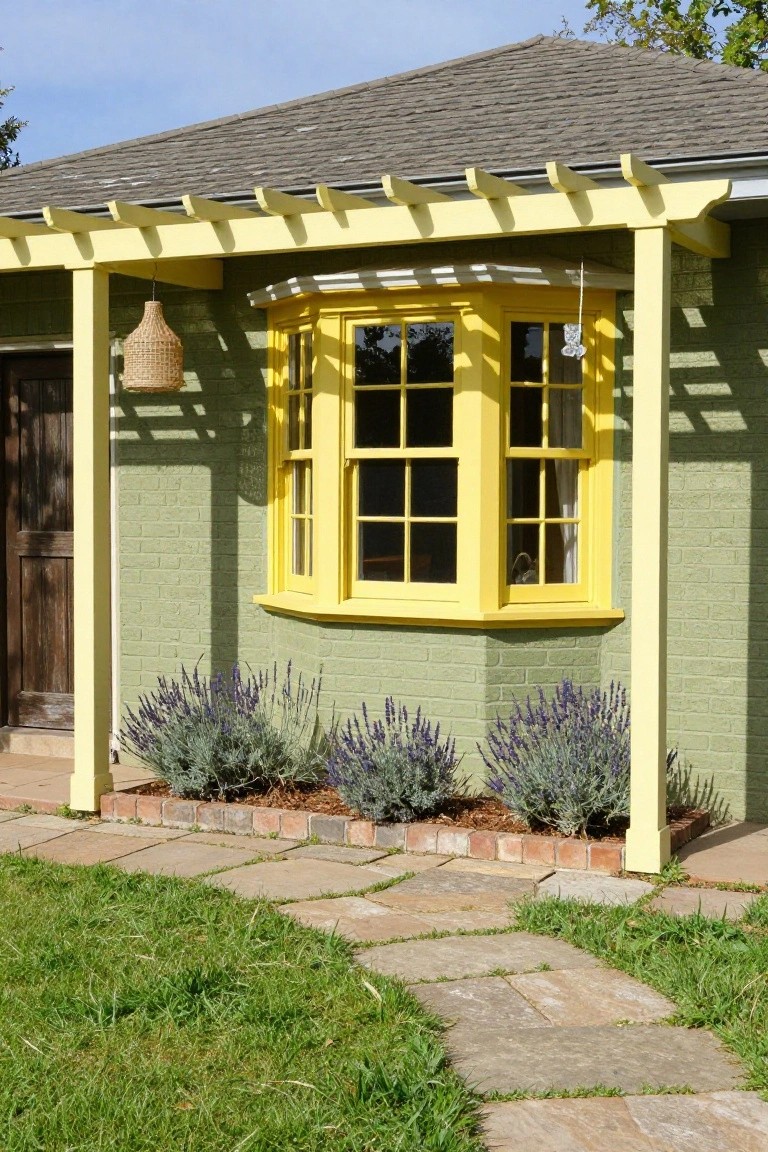 Sage green brick house exterior with yellow bay window, yellow pergola overhead, hanging lanterns, lavender shrubs at the base, and stone path in front.