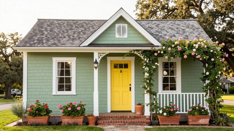 A small mint green shingled house with white trim and gabled roof, featuring a bright yellow front door on a porch with potted pink geraniums, climbing pink roses on a trellis, a black lantern light, and a brick pathway under oak trees.
