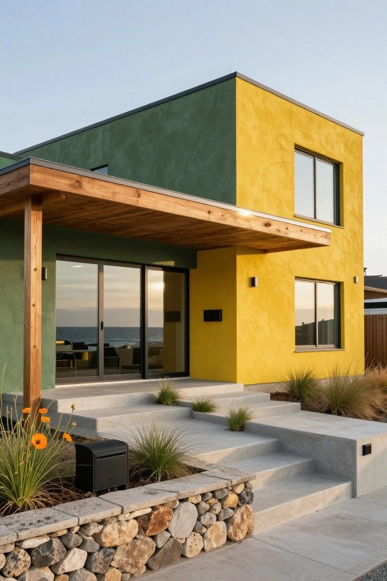 Modern house exterior with green stucco on the left wall and yellow stucco on the right, wooden porch overhang supported by posts, sliding glass doors, concrete steps up to the entry, native grasses and flowers in beds, rock wall edging, and ocean view through doors.