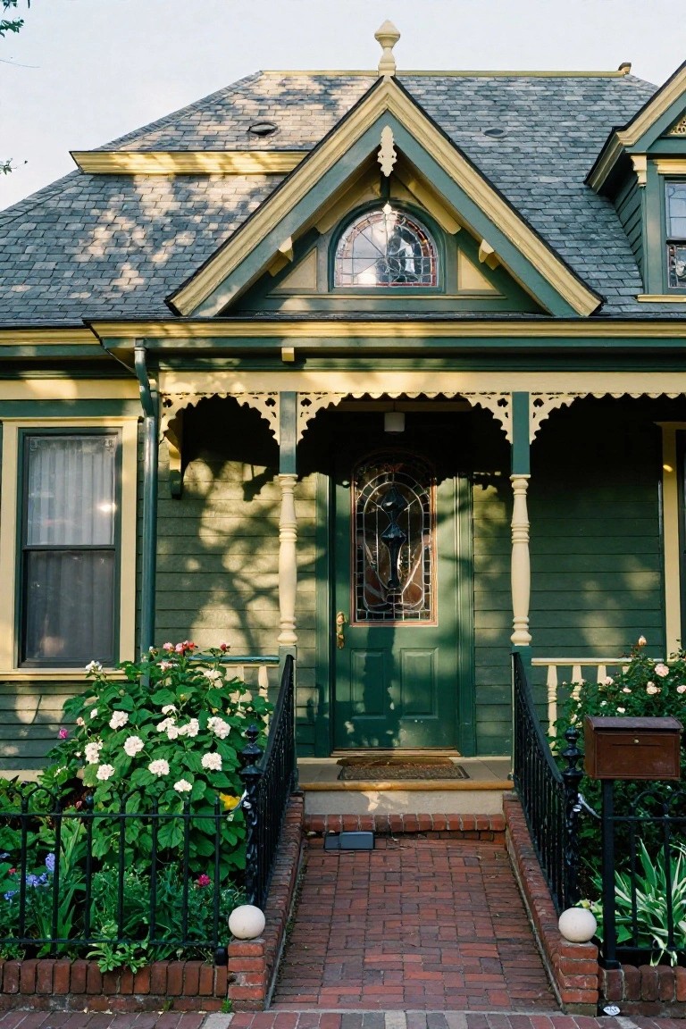 Front exterior of a green Victorian house with yellow trim, gabled roof, covered porch with ornate brackets and columns, stained glass door and window, brick walkway, iron fence, and garden plantings.