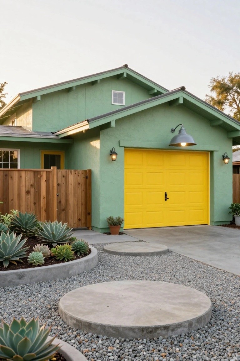 Mint green house exterior with yellow garage door, wooden fence gate, wall lanterns, potted plants, succulent beds, concrete circles, and gravel in the driveway area.