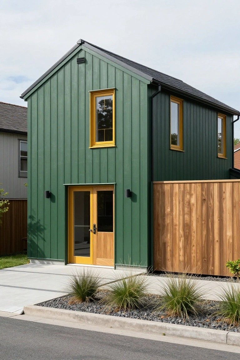 A two-story house with dark green vertical board-and-batten siding, yellow-framed windows and double doors at the entry, black gabled roof, adjacent wooden fence, and front yard planting of grasses with gravel mulch.