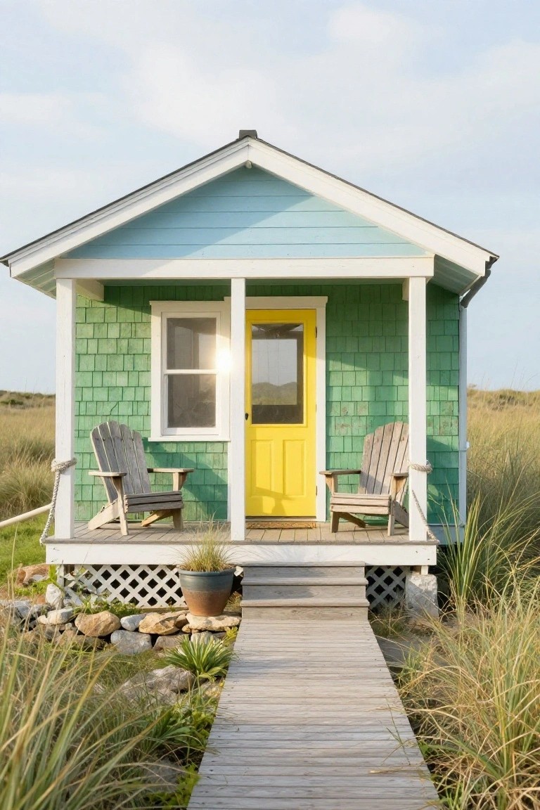 Small green shingled cottage with yellow front door, white porch columns and railings, two Adirondack chairs on the deck, and a wooden boardwalk path through surrounding beach grass and rocks.
