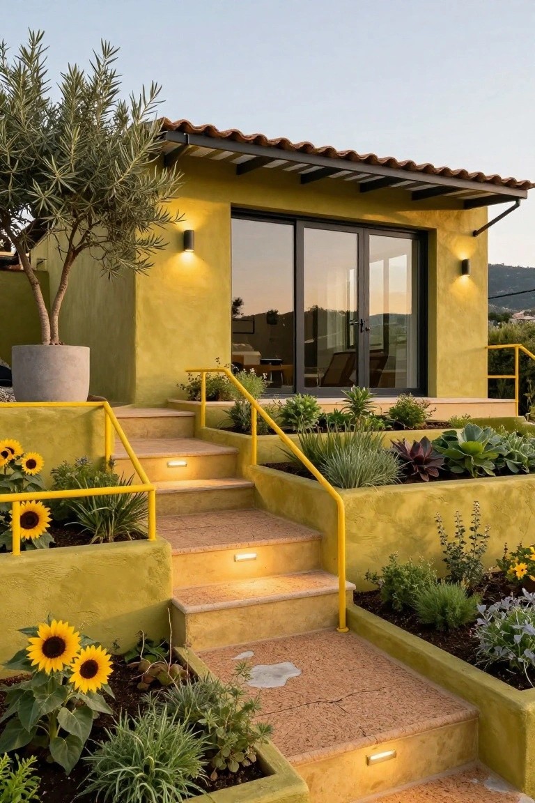 Mustard-yellow stucco house exterior with terracotta tile roof, yellow metal railings on concrete steps leading to black-framed glass doors, surrounded by raised planters with sunflowers, succulents, and grasses, plus a potted olive tree on a hillside at dusk.