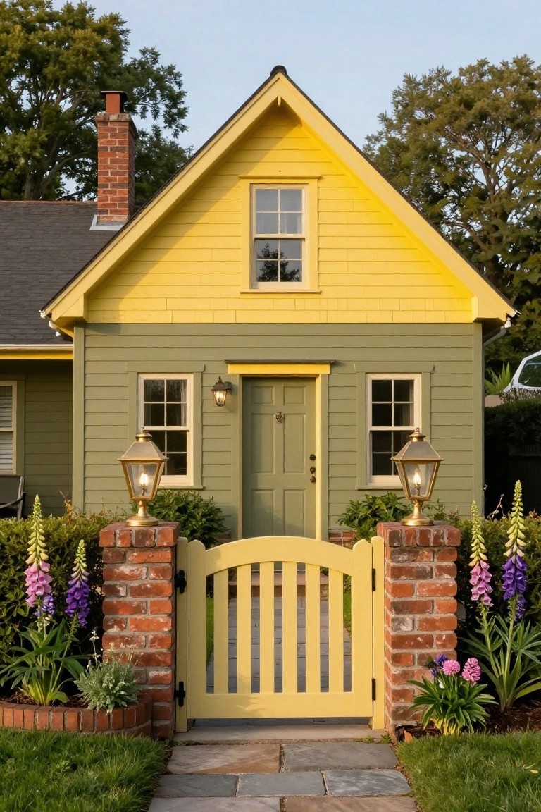 Small house with sage green lower siding, yellow upper trim and gabled roof, green front door flanked by lanterns, yellow wood gate between brick pillars with foxglove flowers on either side, stone path leading to entry.