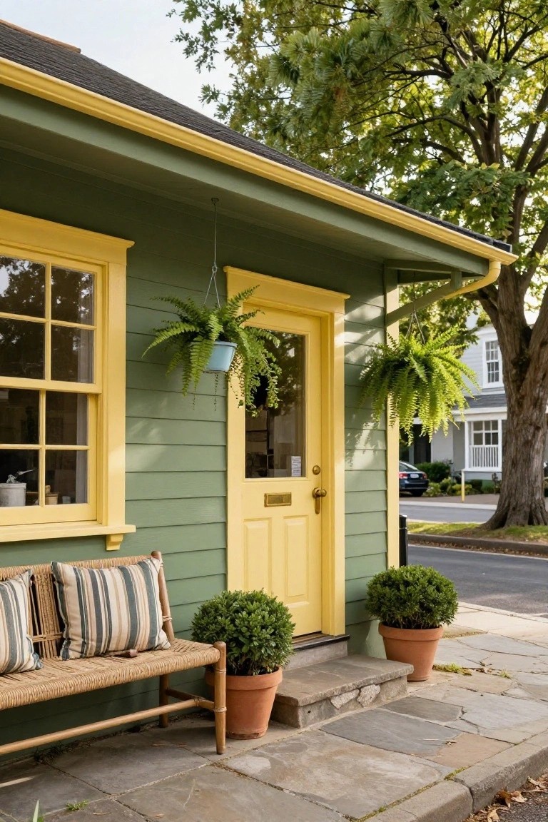 Green shingle-style cottage exterior with yellow front door and window trim, hanging ferns in blue pots, potted boxwood shrubs, rattan bench with cushions, and stone steps on a walkway beside a street.