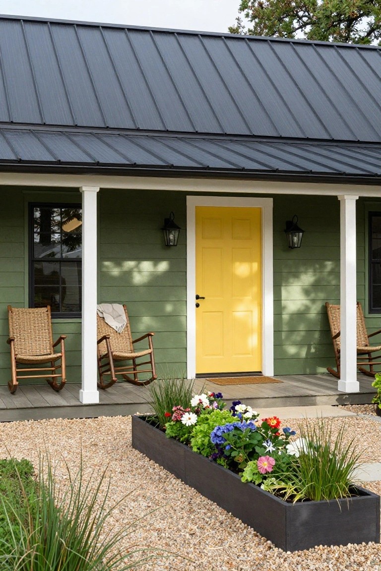 Sage green house exterior with dark metal roof, yellow front door flanked by black lanterns, white porch columns supporting the roof over wicker rocking chairs, and a long black planter box filled with colorful flowers on gravel ground.