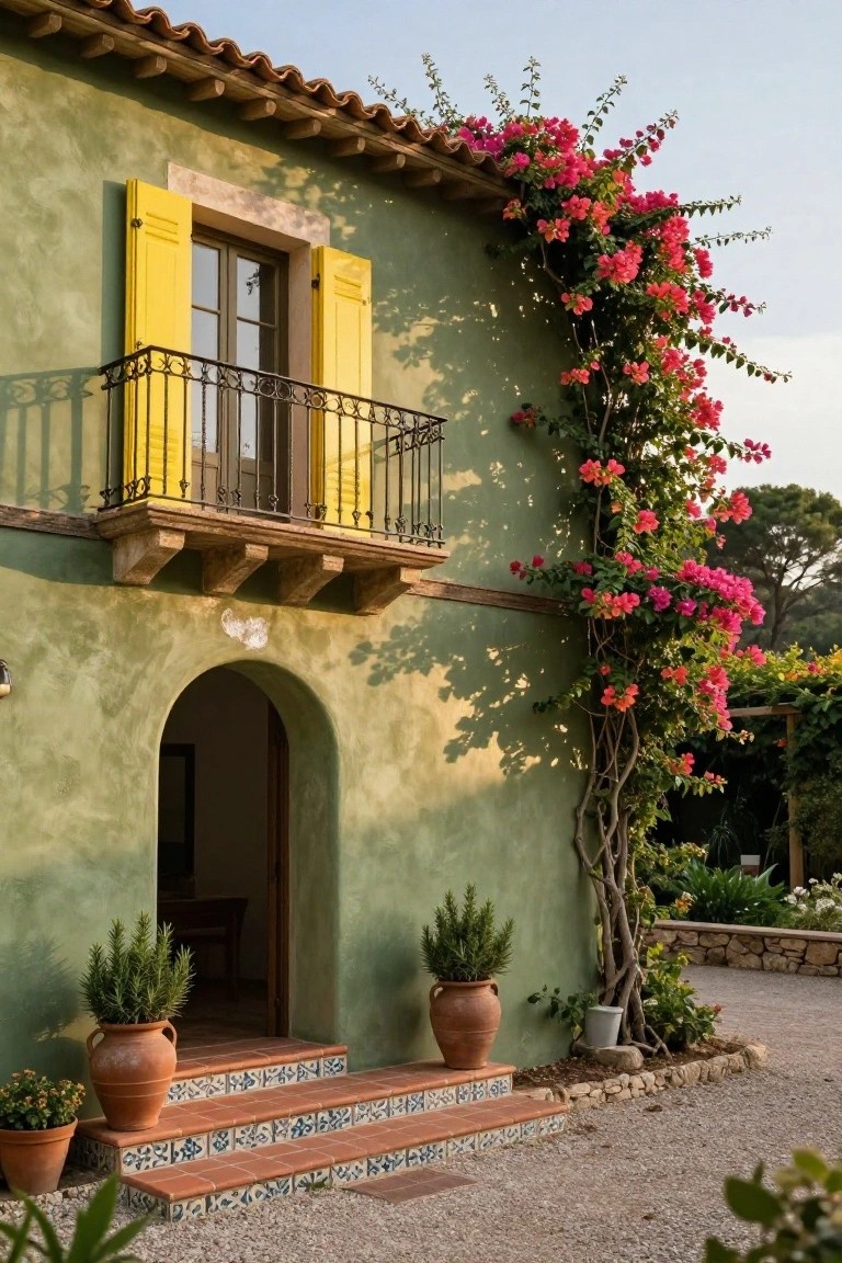 Green stucco house exterior with yellow shutters on an open balcony above an arched wooden entry door, flanked by terracotta pots with plants, climbing pink bougainvillea, and tiled steps on a gravel driveway.