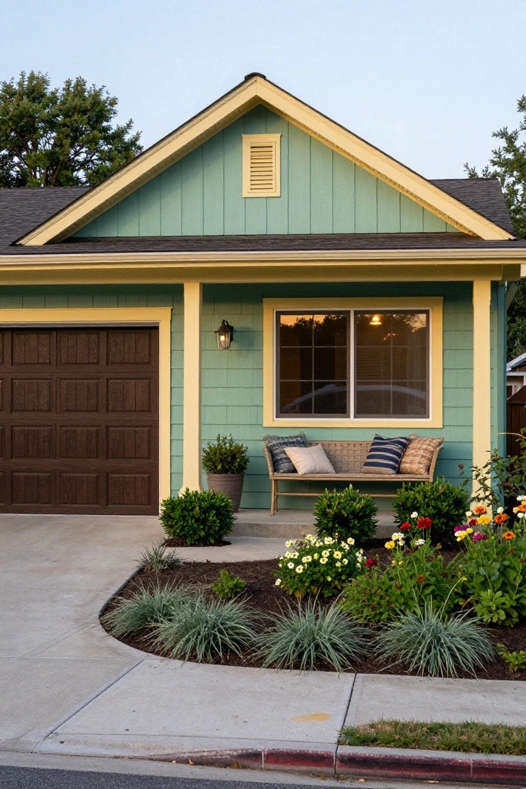 Teal green clapboard house exterior with yellow trim on roofline and porch, brown garage door, wicker bench on porch, potted plants, flower beds, and driveway.
