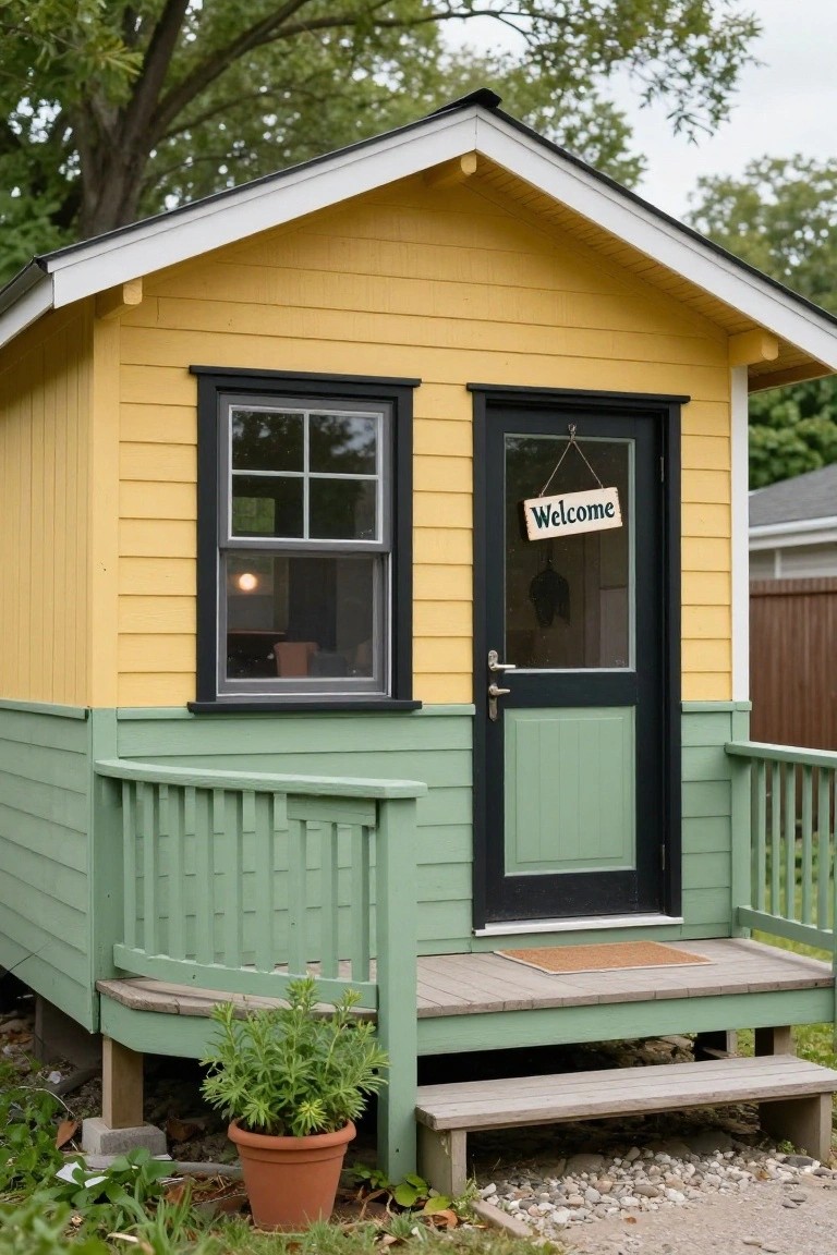 Small wooden cabin painted yellow on upper siding and green on lower siding and porch railings, with black-framed window and door, welcome sign hanging on door, potted plant beside porch steps, surrounded by yard and trees.