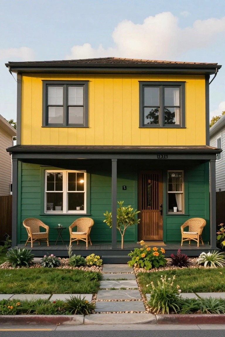 A two-story house with yellow upper siding, green lower siding and porch, dark trim, wicker chairs on the porch, potted plants, flower beds, stone path, and green lawn in front.