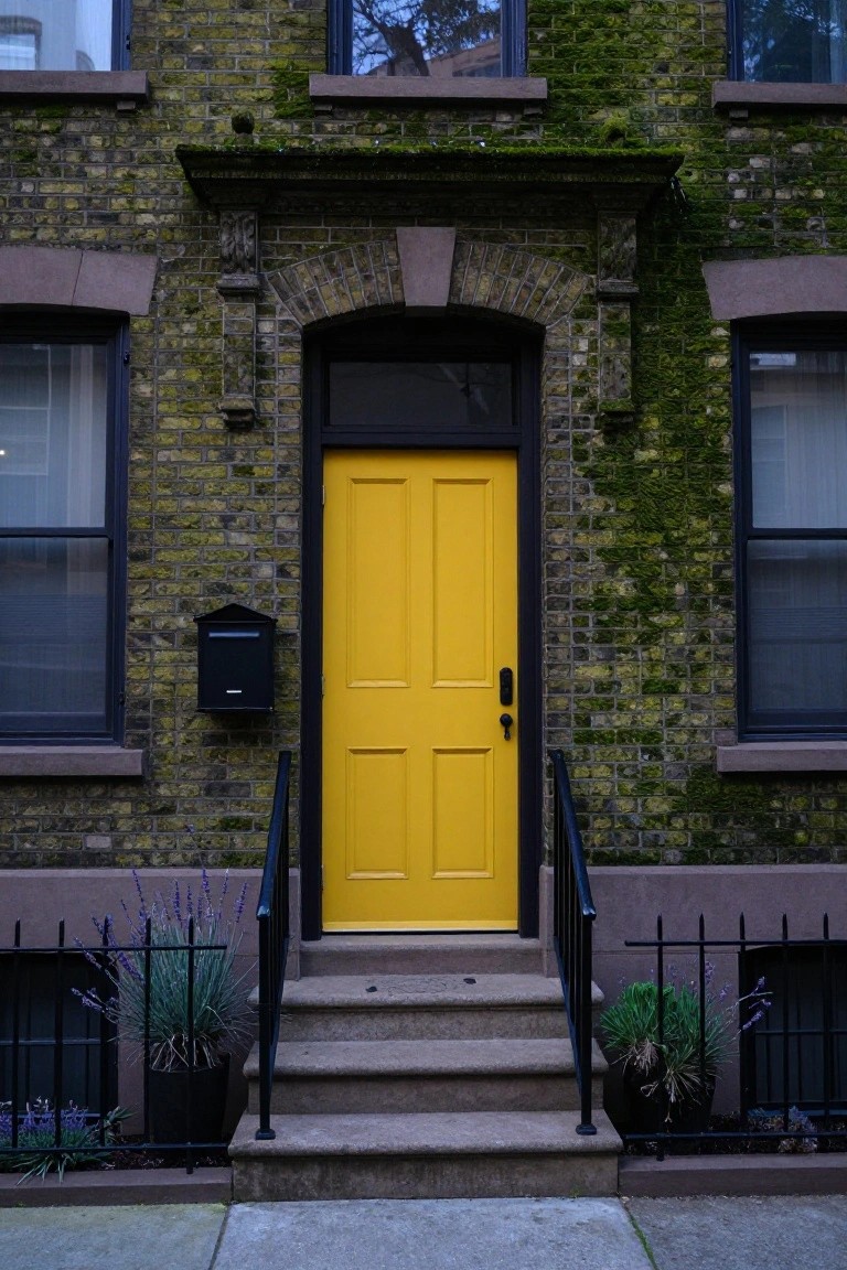 Moss-covered brick townhouse exterior featuring a bright yellow double front door, black mailbox, black-framed windows, stone steps, black railing, and potted lavender plants at the base.