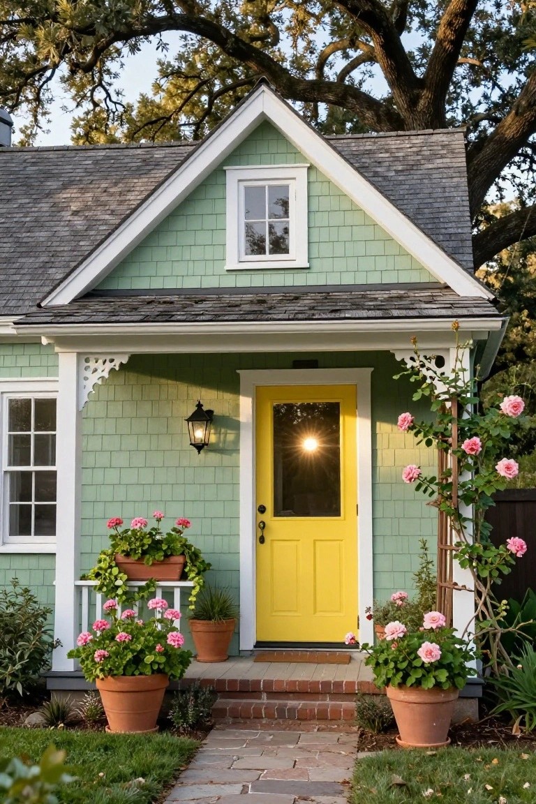 A small mint green shingled house with white trim and gabled roof, featuring a bright yellow front door on a porch with potted pink geraniums, climbing pink roses on a trellis, a black lantern light, and a brick pathway under oak trees.