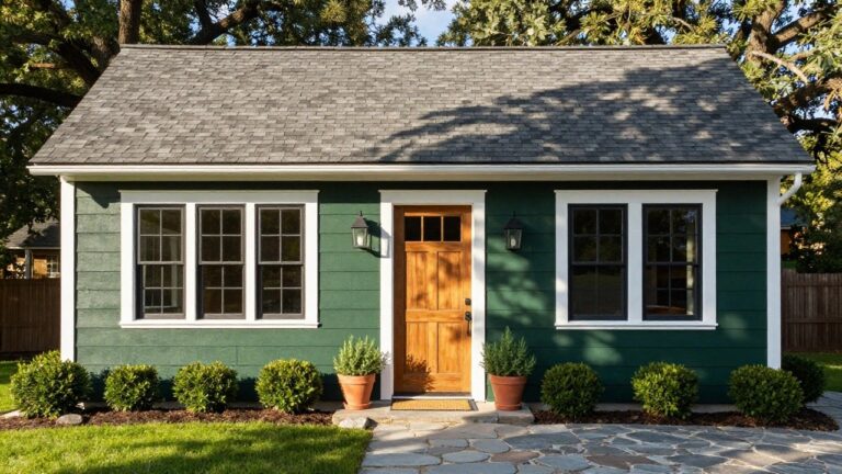 Front view of a small house with dark green vertical board-and-batten siding, white trim, gabled entry porch, wooden front door, black lantern lights, potted plants on either side of the door, and a flagstone walkway leading to the entry.