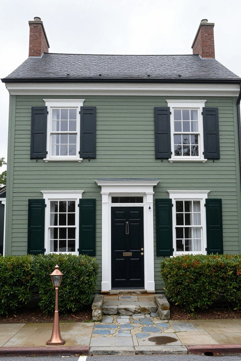 Two-story sage green clapboard house with black shutters on multi-pane windows, white trim, centered black front door, brick chimneys, boxwood shrubs flanking the entry steps, copper lantern post, and stone pathway to sidewalk.