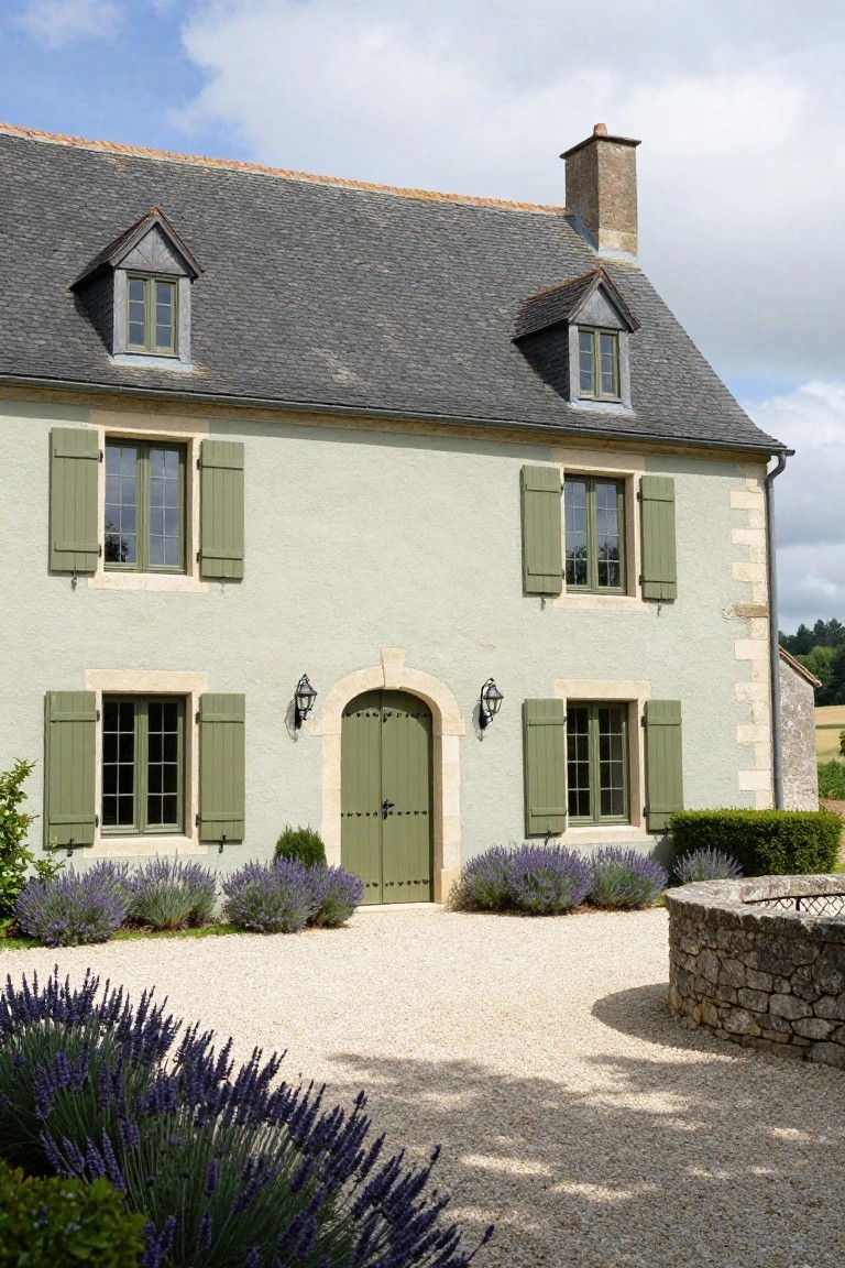 Two-story house with pale green stucco walls, green shutters on multi-pane windows, arched green front door with lanterns, slate roof with dormers, lavender shrubs along the front, gravel courtyard, and stone fire pit.