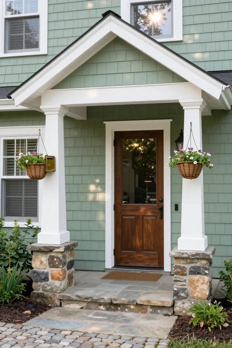 Front porch of a house with light green shingle siding, white gabled roofline and columns on stone bases, glass-paneled wooden door, hanging wicker baskets with flowers, and slate steps.