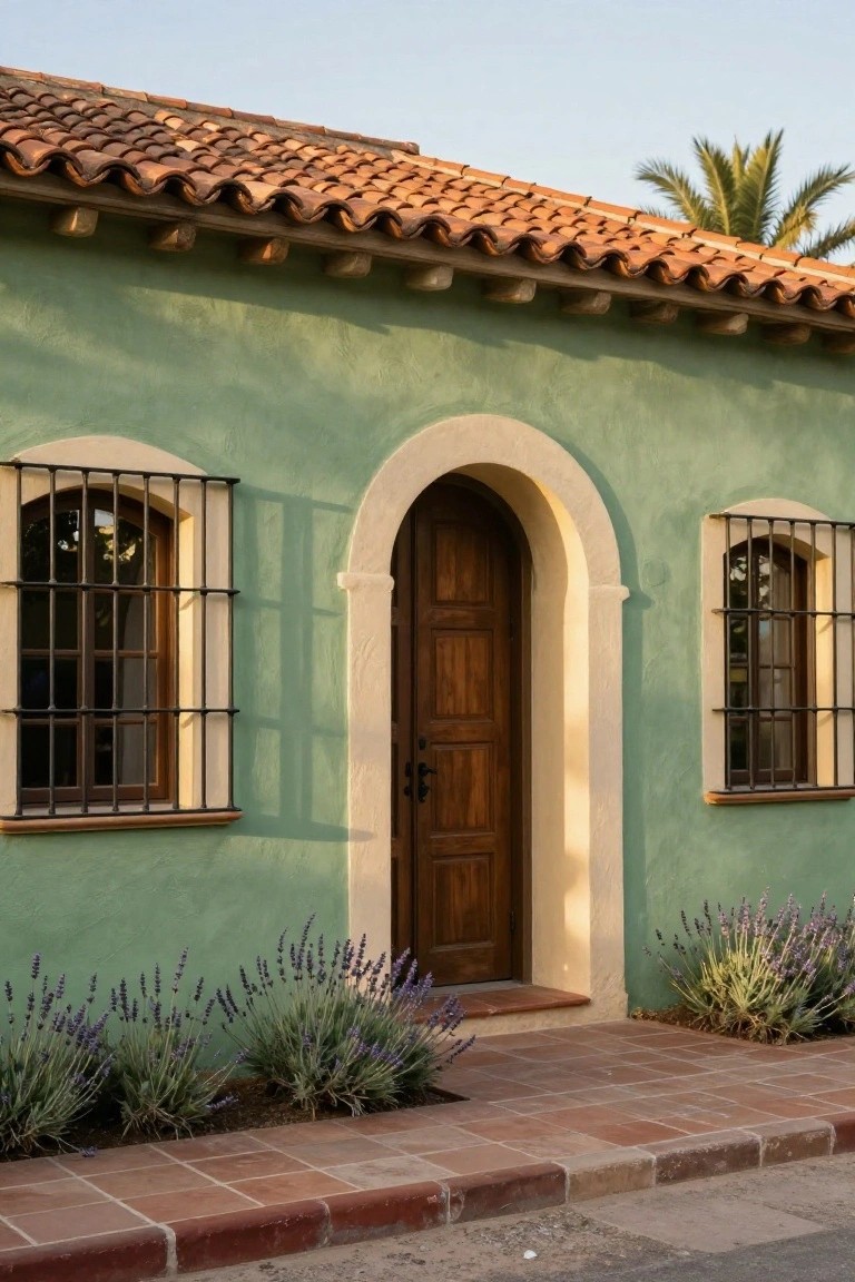 Sage green stucco house exterior with terracotta tile roof, arched wooden door, wrought iron grilled arched windows, cream trim, lavender plants, and terracotta tiled entry steps beside a street.