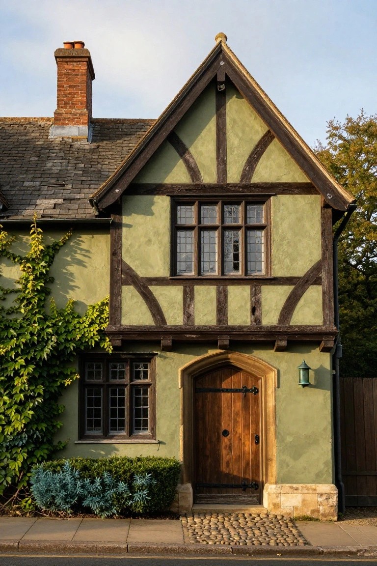 Green half-timbered two-story house exterior with dark wooden beams, leaded glass windows, arched wooden front door, ivy climbing one wall, blue-green shrubs at the base, and pebbled path leading to the entry beside a street.