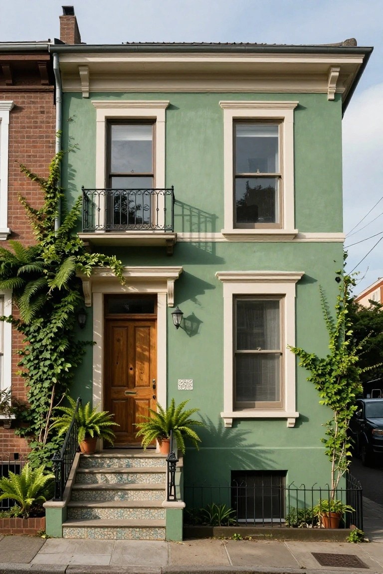 A narrow two-story house painted light green with white trim, featuring a wooden front door, small balcony, potted ferns on the steps, climbing vines, and a tiled entry staircase on a city street.
