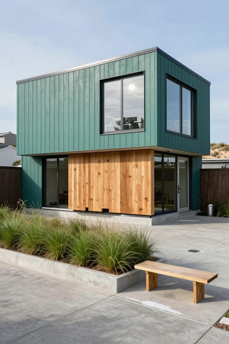 Corner view of a two-story modern house with teal green vertical siding, cedar wood panels on the entry facade, large windows, glass door, wooden bench, concrete pad, and tall ornamental grasses in front.