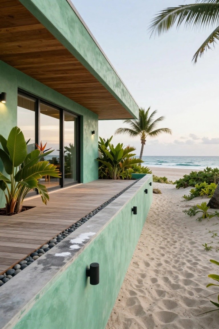 Teal green stucco house exterior with wooden deck, black pebble edging, tropical plants, palm trees, and sandy path to beach.