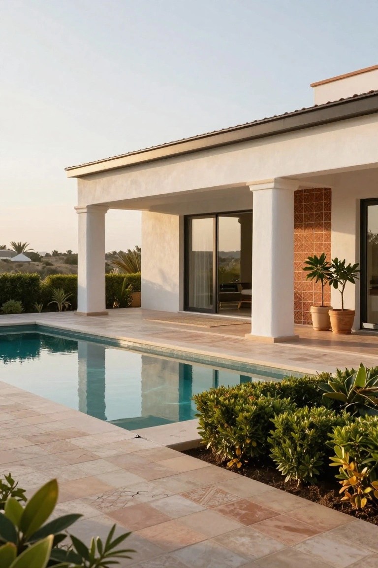 White stucco house exterior with terracotta brick accent on column, glass sliding doors, infinity-edge pool, beige tile decking, and green shrubs at dusk.