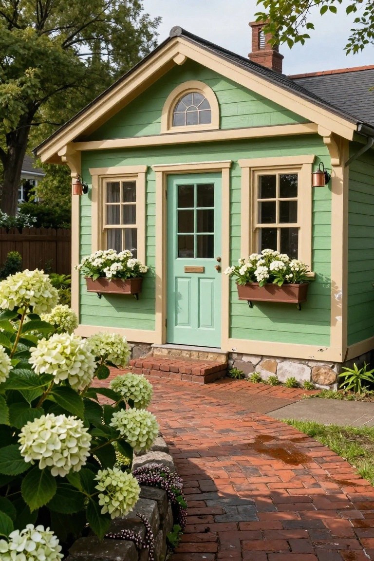 Small mint-green wooden cottage with cream-colored trim, arched top window, green paneled door, window boxes with white flowers, surrounded by large white hydrangea bushes along a brick walkway.