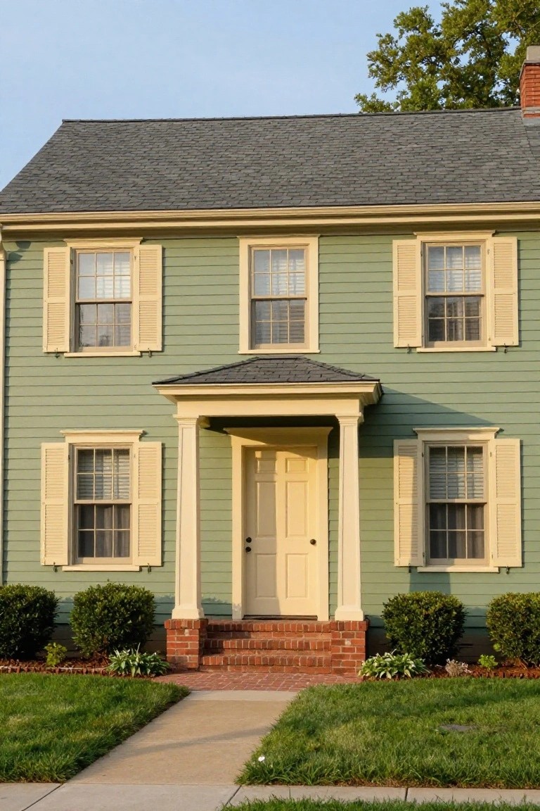 Two-story colonial house with sage green clapboard siding, beige trim and shutters, multipaned windows, covered portico entry with yellow door, brick steps, boxwood shrubs, and lawn in front.