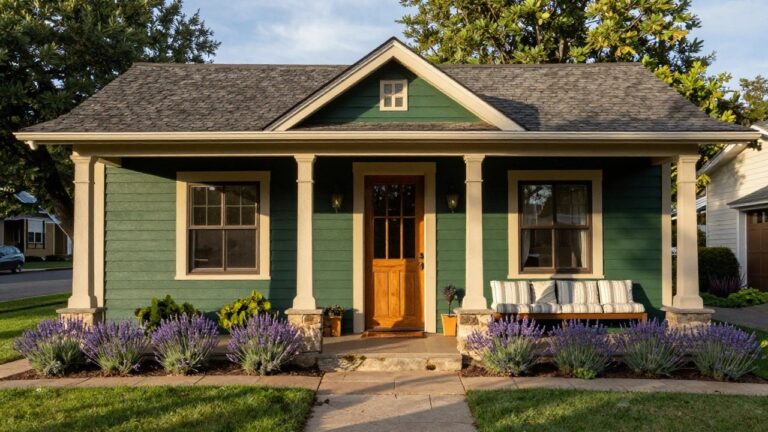 Front exterior of a green clapboard house with beige trim, gabled roof, covered porch with columns and bench, wooden door, lavender plants, stone walkway, and green lawn.