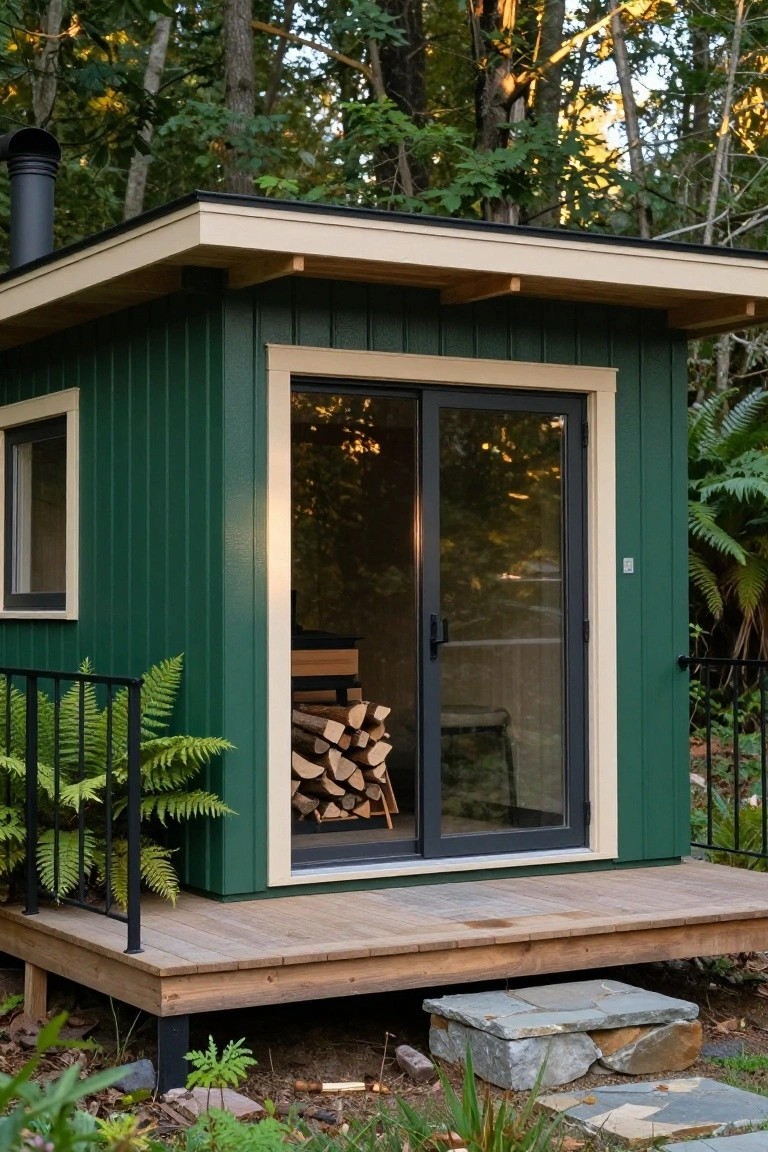 Small dark green vertical board-and-batten shed with beige trim, sliding glass door, small window, chimney, and interior wood stove with firewood stack visible, on a wooden deck amid ferns and trees.