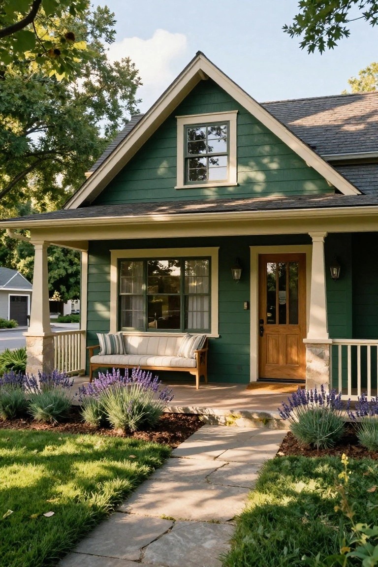 Front exterior of a green clapboard house with beige trim, gabled roof, covered porch with columns and bench, wooden door, lavender plants, stone walkway, and green lawn.