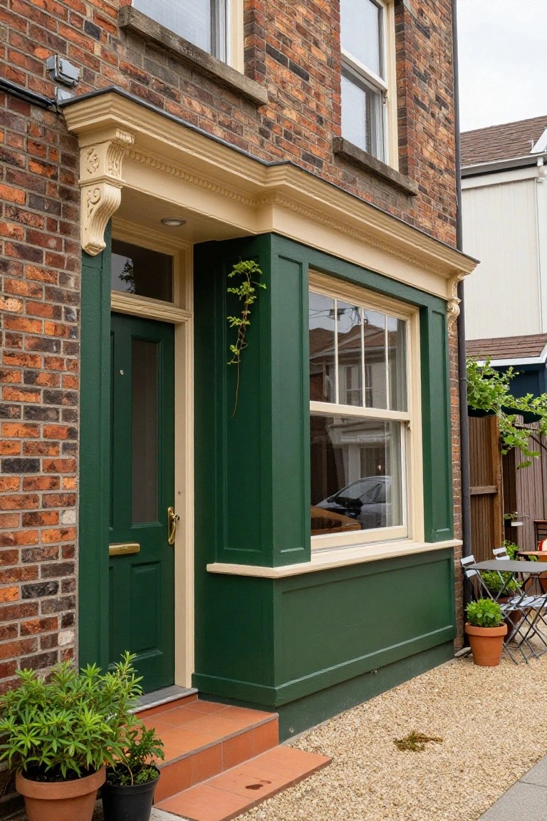 Red brick two-story house exterior with dark green front door, green-framed bay window, cream pediment and brackets, ivy vine on frame, potted plants, terracotta steps, and gravel path.