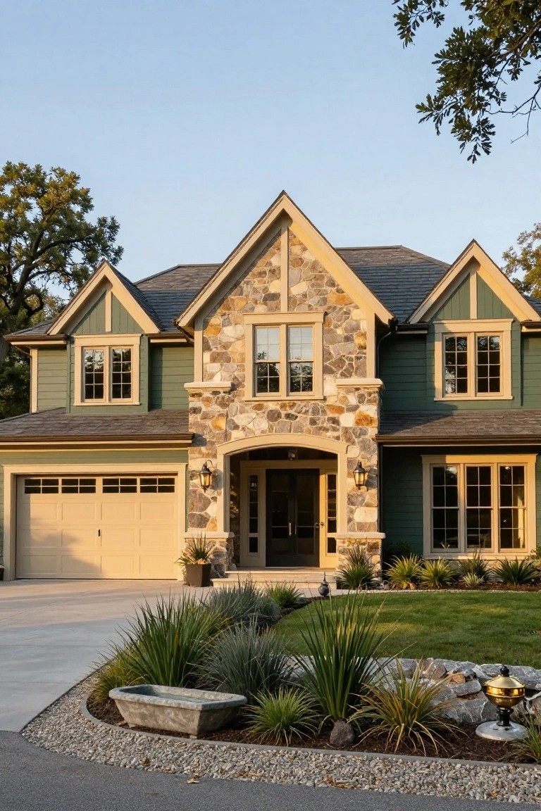 Front view of a two-story house with sage green siding, beige trim around windows and gables, stone masonry entry archway, attached beige garage door, dark shingle roof, and driveway edged with gravel, agave plants, and a stone trough.