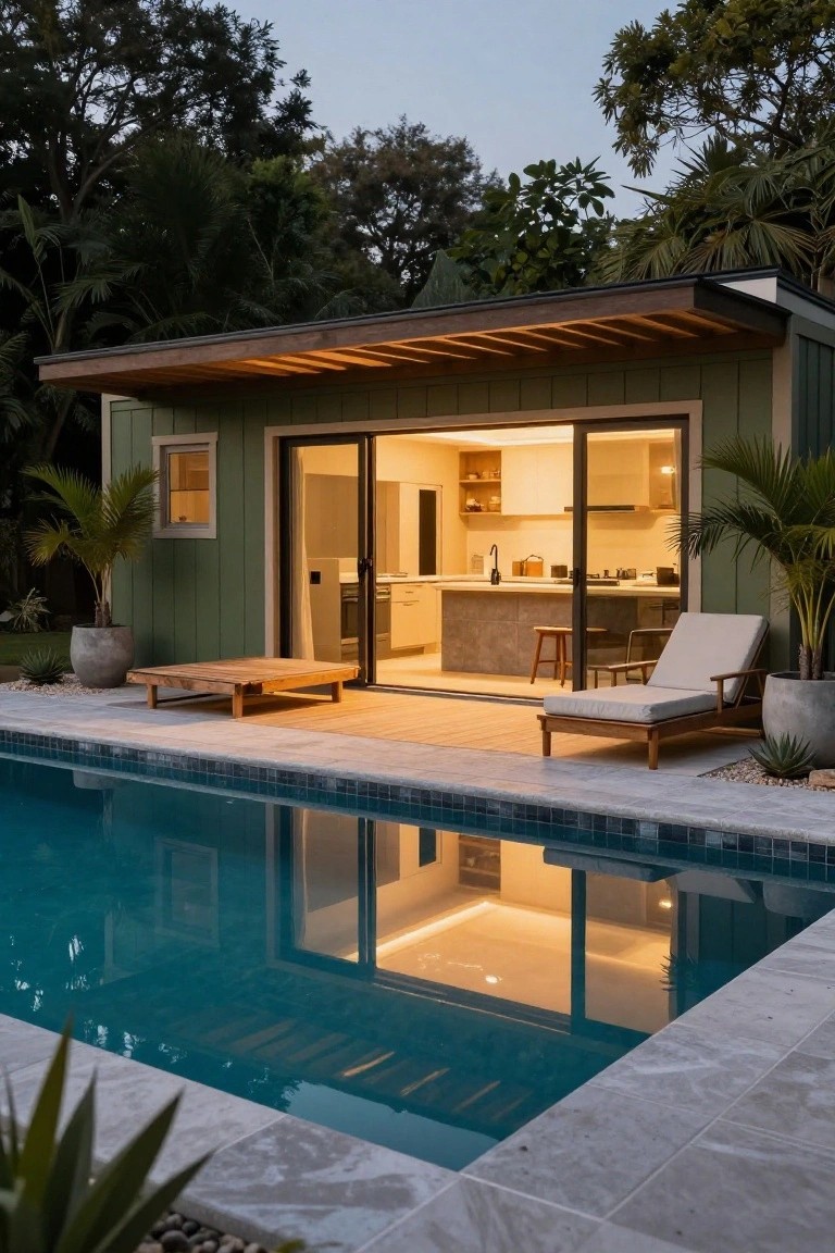 Green vertical board-and-batten pool house with large open sliding glass doors revealing a modern kitchen inside, positioned next to a turquoise rectangular pool on a tiled deck with teak loungers, daybed, potted palms, and tropical landscaping at dusk.