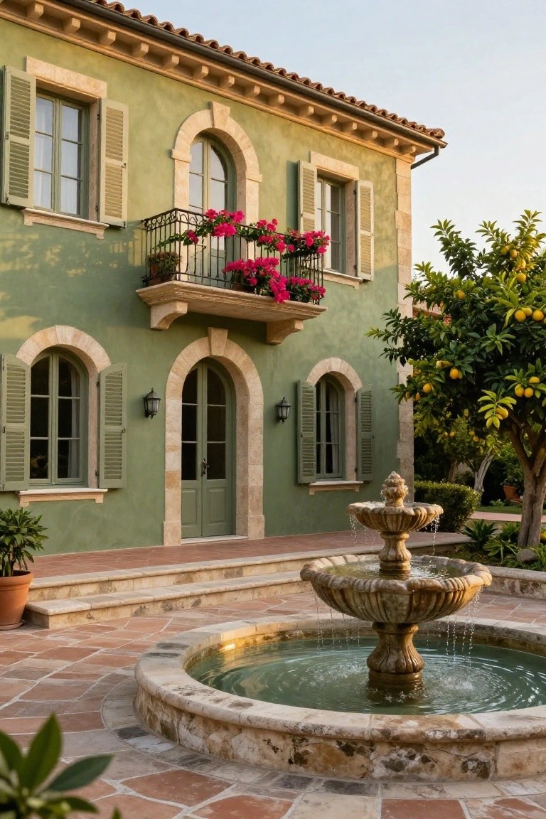 Green Walls with Beige Stone Trim