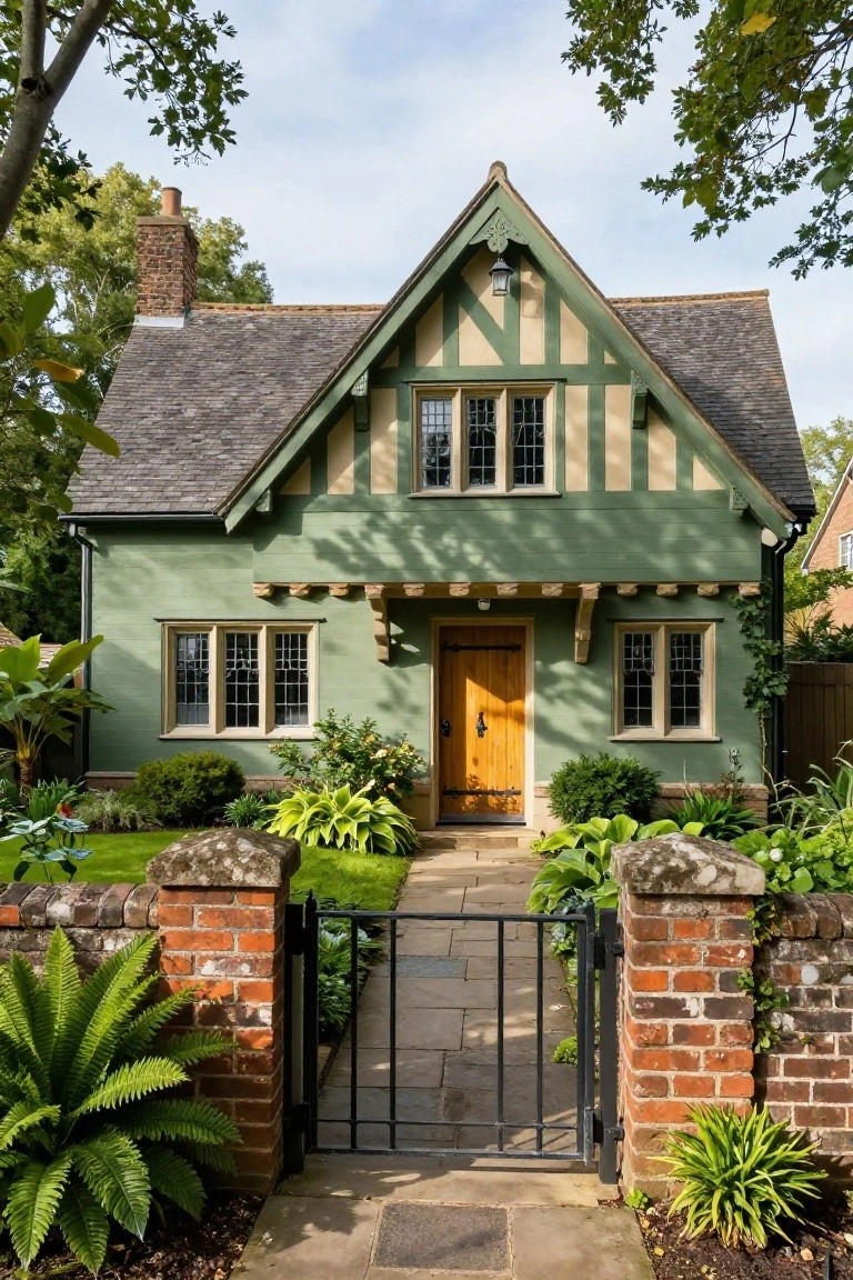 Two-story green half-timbered house with beige timber framing, gabled slate roof, yellow front door, leaded windows, brick boundary wall with black iron gate, and surrounding plants on a stone path.