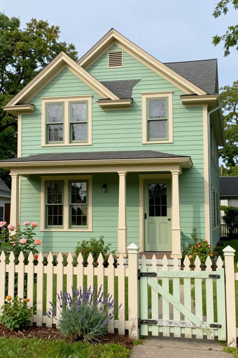 Two-story light green clapboard house with cream trim, gabled roof, front porch with columns and sage green door, white picket fence enclosing rose bushes and lavender plantings.