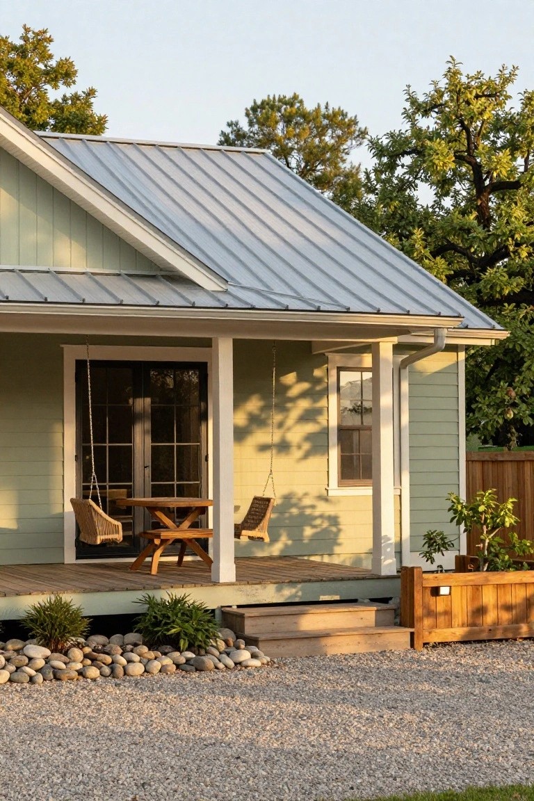Side exterior of a pale green house with white trim, metal gable roof, wooden porch with hanging swings and a table, gravel driveway, rocks, plants, and trees nearby.