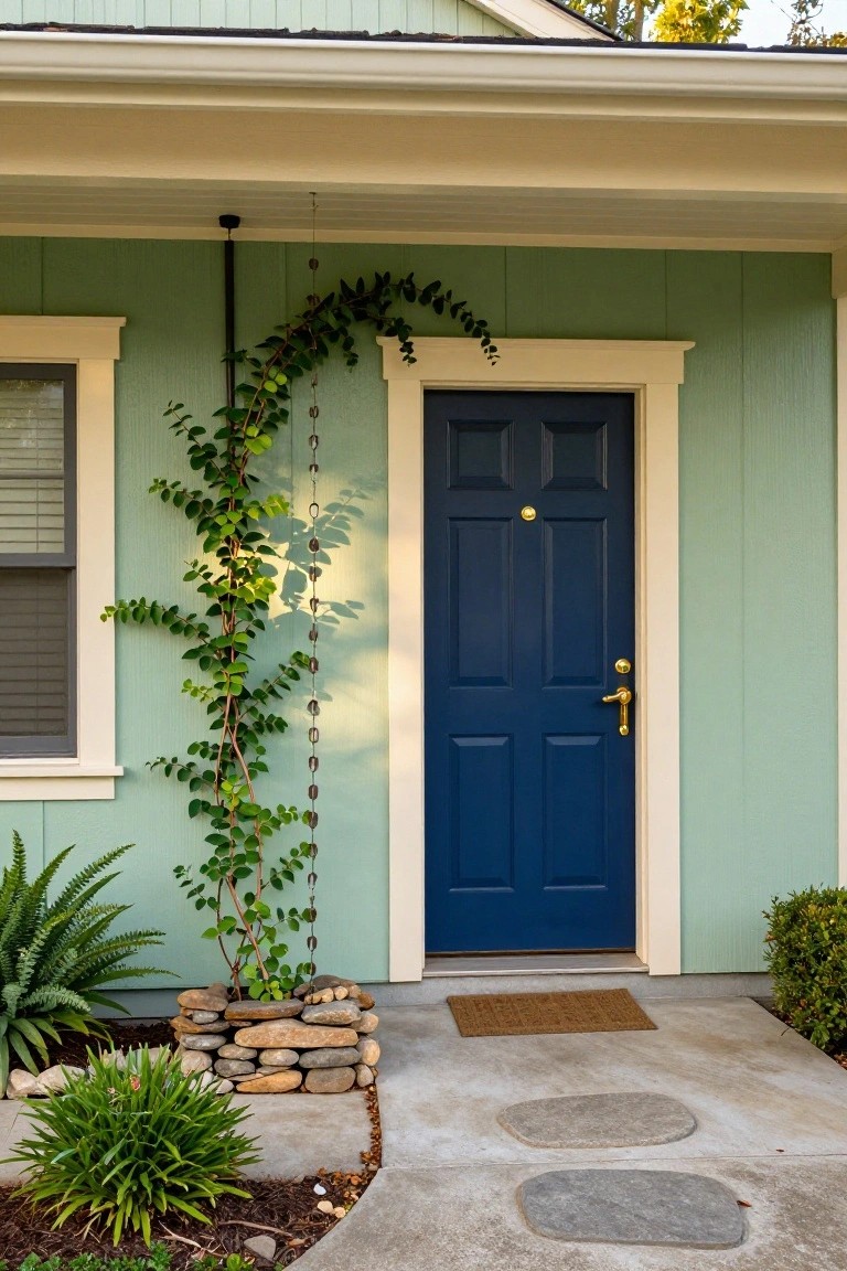 Mint green house exterior with beige trim, navy blue six-panel front door with gold hardware, ivy vine climbing beside the door, stone planter with plants, and concrete porch with doormat.