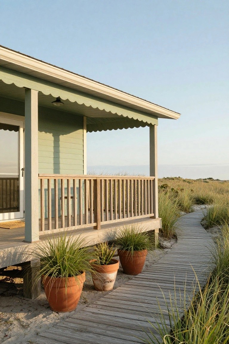 Side view of a pale green clapboard beach house with scalloped awning, wooden porch posts and railing, terracotta pots with grasses, and a wooden boardwalk path through sand dunes under a clear sky.
