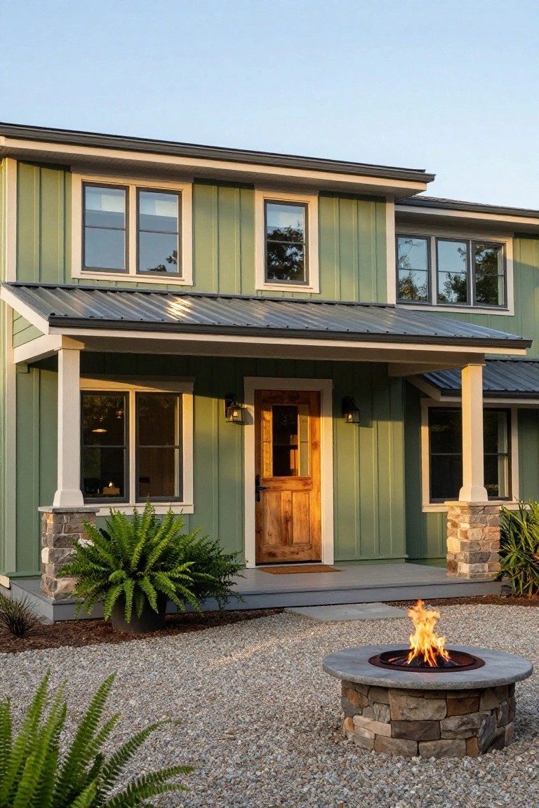 Front exterior of a two-story sage green house with beige trim, covered porch, wooden double doors, potted ferns beside stone pillars, and a stone fire pit on gravel ground under blue sky.