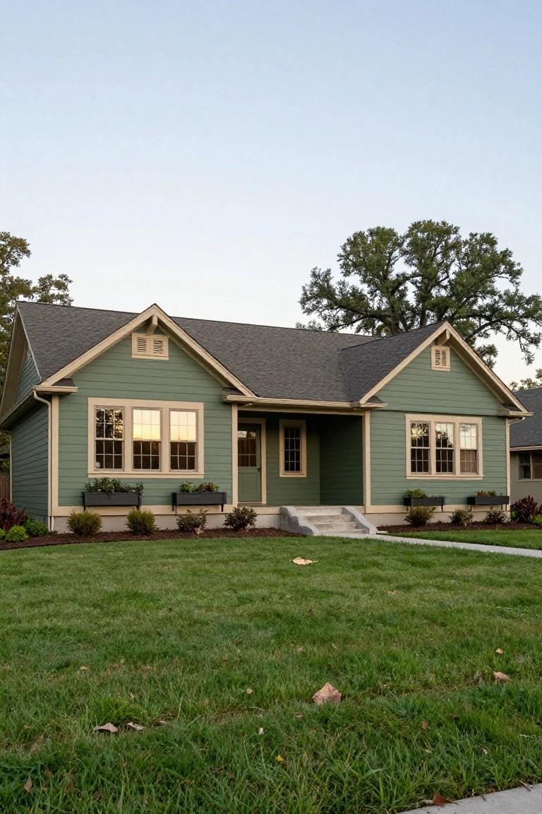 Front exterior view of a sage green house with beige trim around windows, gables, and porch, including flower boxes, steps, shrubs, lawn, and oak trees in the background.