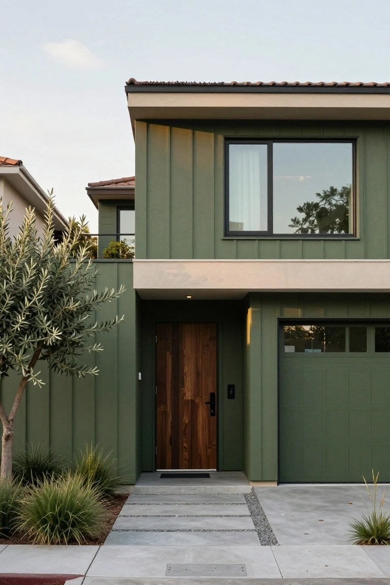 Two-story house exterior featuring sage green vertical siding, beige stucco trim and overhang, wooden front door, green garage door, olive tree, ornamental grasses, and concrete walkway with pebble accents.