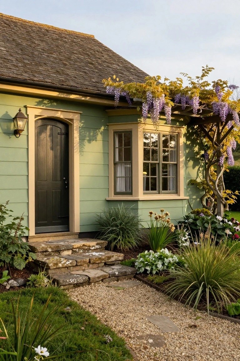 Sage green clapboard house exterior with beige trim framing a dark arched wood door and multi-pane bay window draped in purple wisteria vines, stone entry steps, gravel path, and low garden plantings.