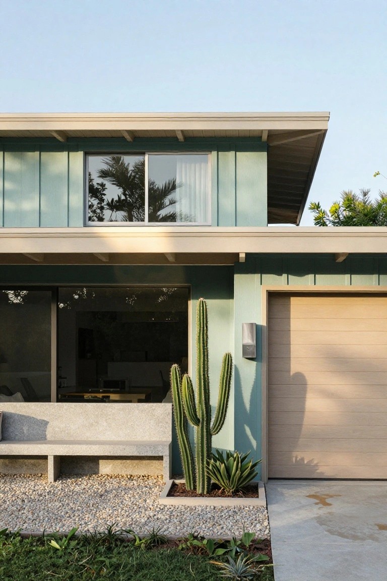 Side view of a mid-century modern house with teal siding, beige trim on the overhanging roof and garage door, large windows, a stone bench, tall cactus plant in a gravel bed, and grass along the driveway.