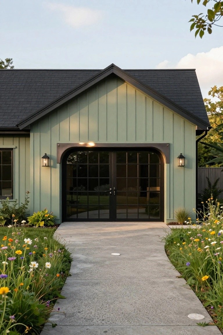 Sage green vertical shiplap garage building with large black metal arched double doors, flanked by black lanterns, black gable roof, concrete pathway lined with wildflowers and grasses.