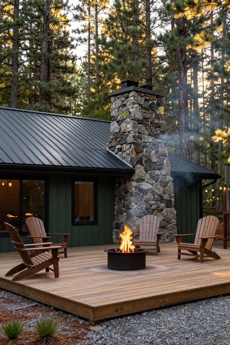 Green-sided cabin with black metal roof and tall stone chimney next to a raised wooden deck featuring four Adirondack chairs arranged around a black circular fire pit ring, set amid pine trees and gravel ground.